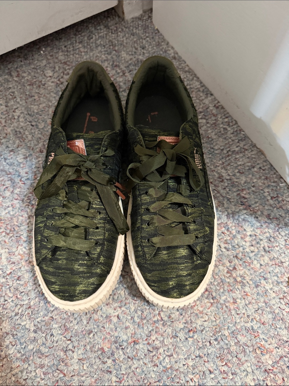 Puma Men's Olive Green Knit Sneakers with Cream Sole